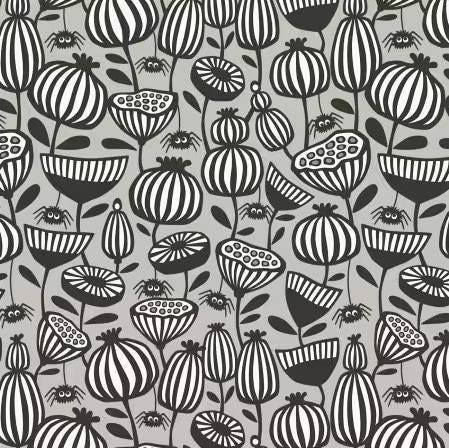 Spiders Garden from Gothic Whimsy for Cloud9 Fabrics - 1/2 Yard Spiders and Flowers on Grey