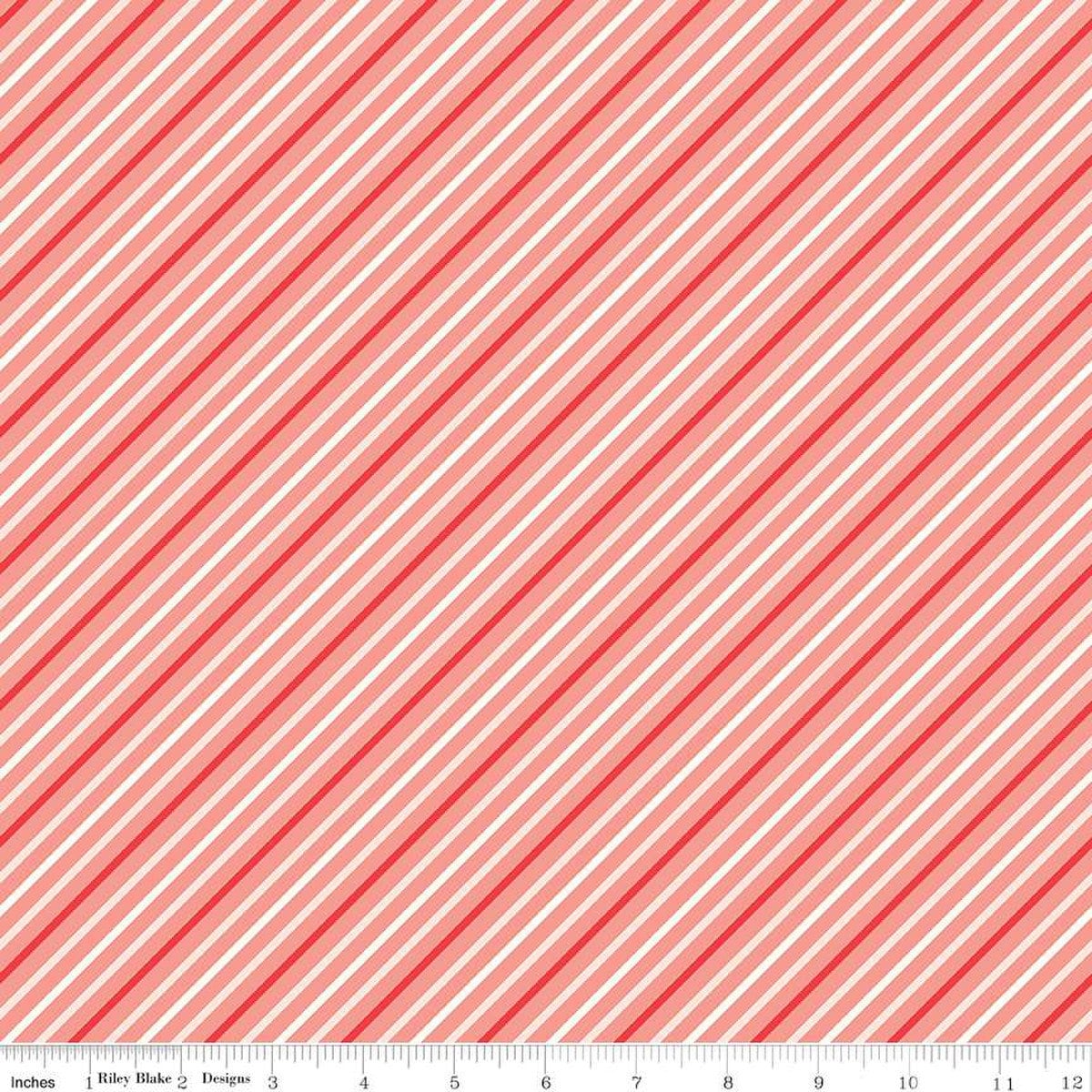 I Love Us Stripes Coral from Riley Blake Fabrics - 1/2 Yard Diagonal Pink, Red, White Stripe - Valentines