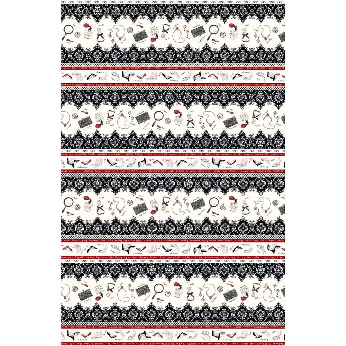 Couture Noir from P & B Textiles - Half Yard Border Stripe Shoes, Perfume, Jewelry Red Black Cream