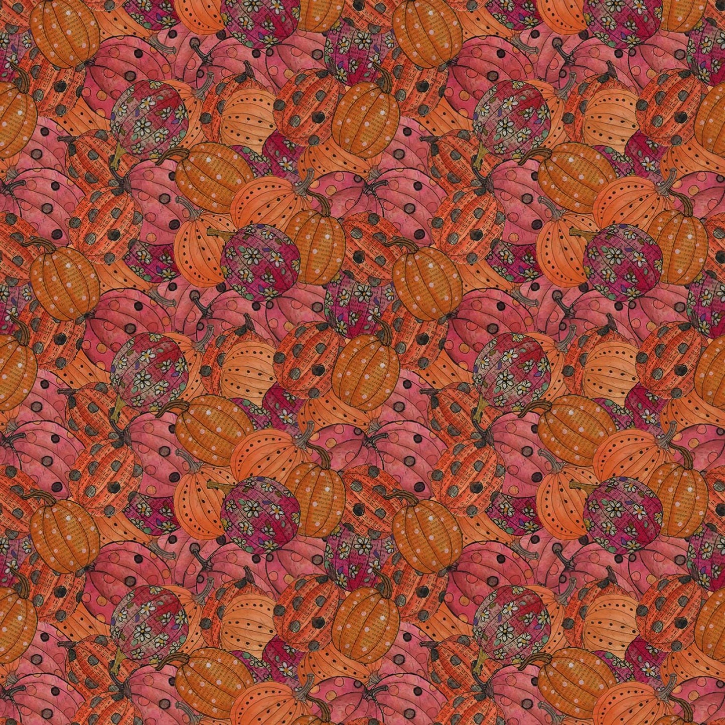 Faboolous from Clothworks - 1/2 Yard Orange Pumpkins with dots and daisies - Halloween Fall Pumpkins