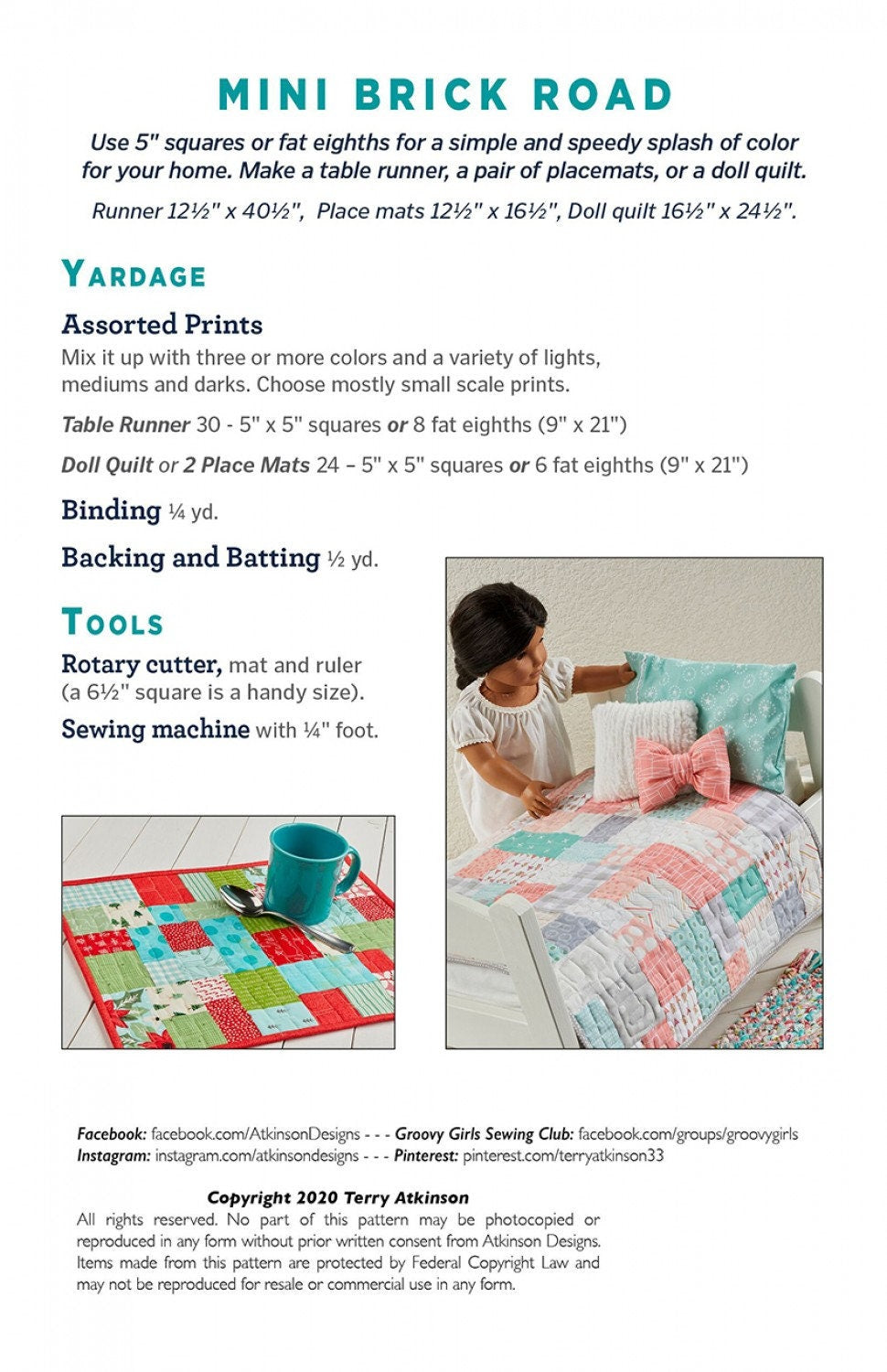 Mini Brick Road Quilt Pattern by Atkinson Designs - Modern Simple Pattern - 3 Sizes - Doll, Placemats, Table Runner