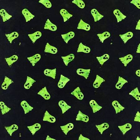 Spellbound Batik from Timeless Treasures - 1/2 Yard Goblin Ghost - Lime Green Batik Ghosts on Black - Halloween
