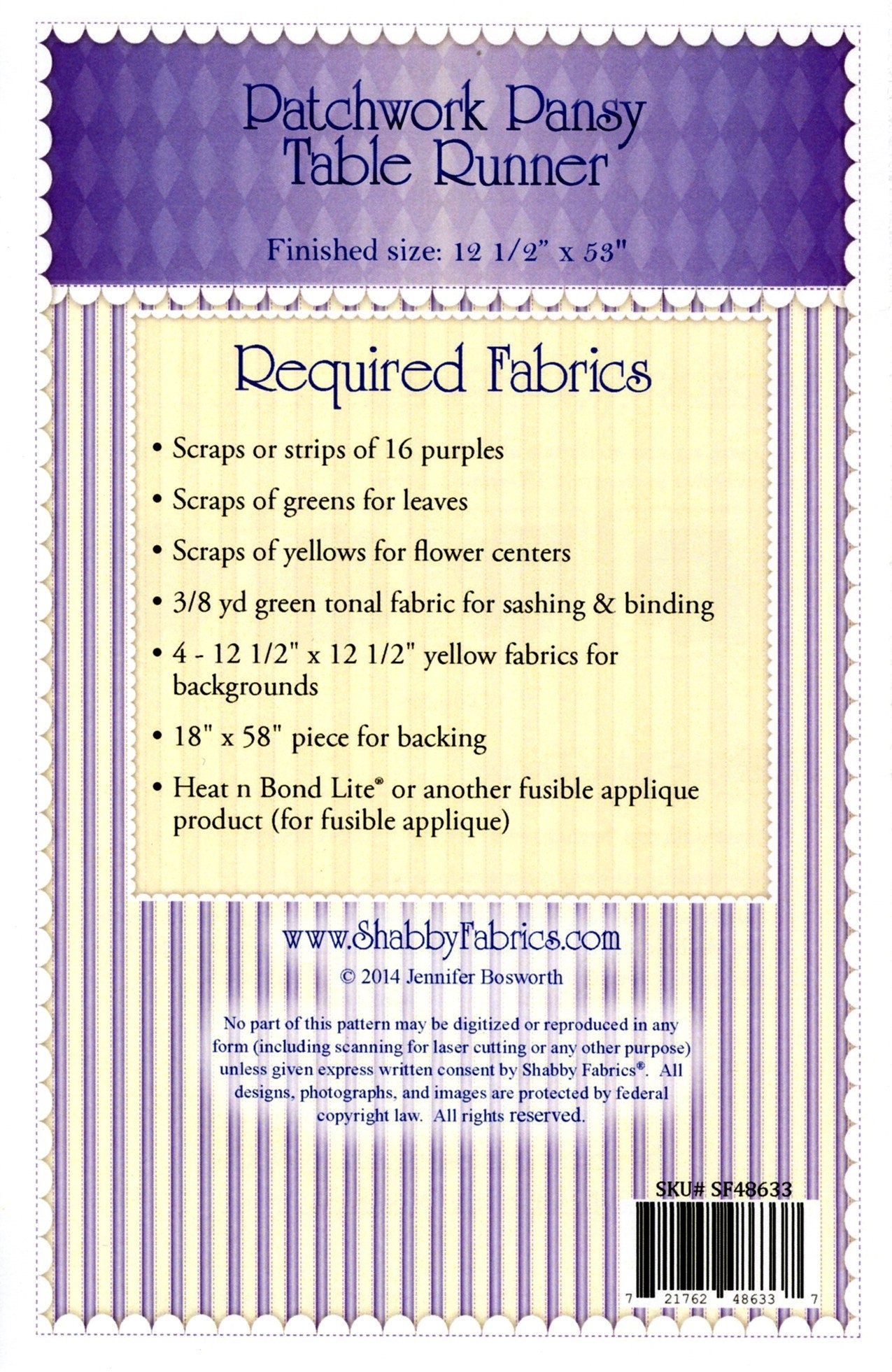 Patchwork Pansy Table Runner Pattern from Shabby Fabrics - 12.5" x 53" Flower Pieced and Applique Pattern