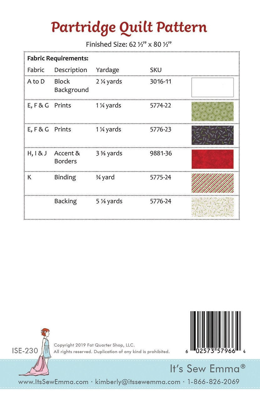 Partridge for It's Sew Emma Designs - 62.5" x 80.5" Quilt Pattern