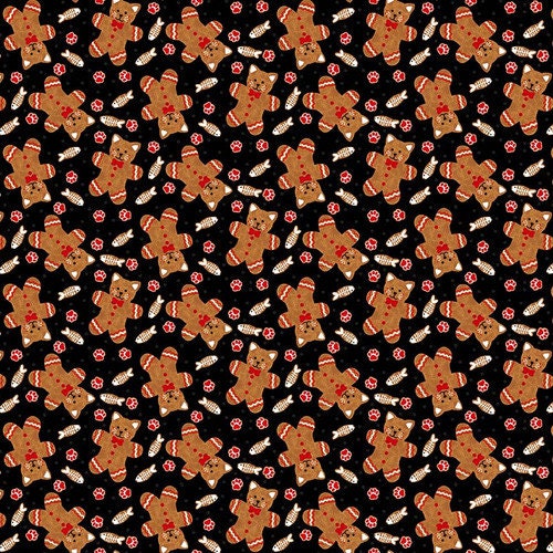 Furry and Bright from Studio E - 1/2 Yard Ginger Cat Cookie - Christmas Gingerbread Cats