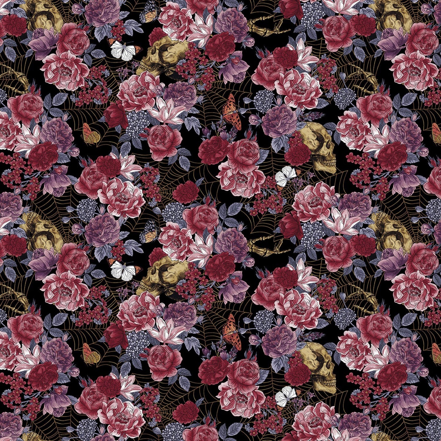 Bones Collection from Studio E - 1/2 Yard Black Large Floral - Flowers, Skulls and Webs