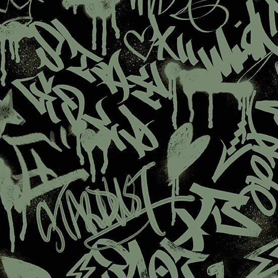Verdigris from Andover Fabrics - 1/2 Yard Parkdale in Patina - Modern Graffiti Green on Black