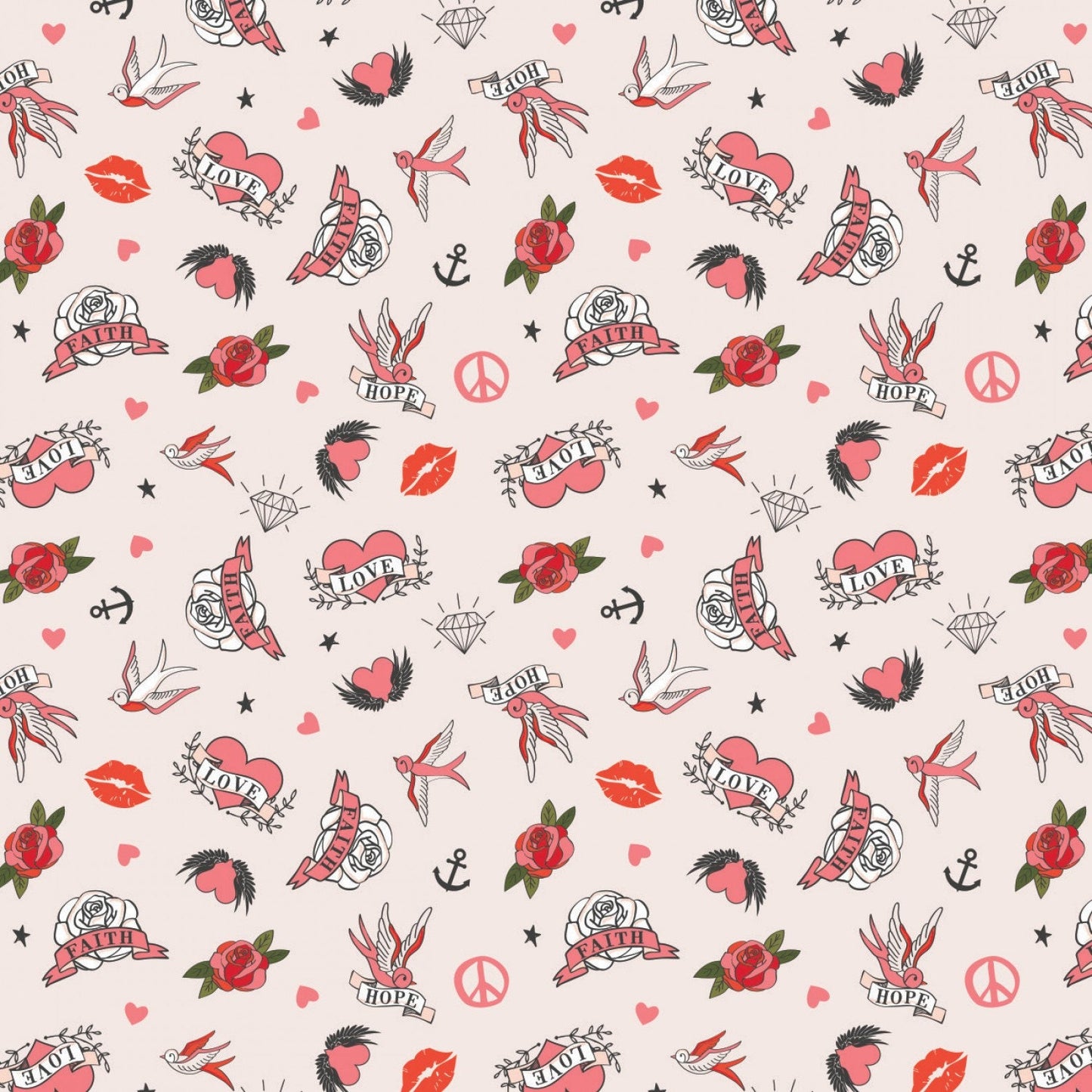 Tattoo Parlour from Camelot Fabrics - 1/2 Yard Small Traditional Tattoos on Peach - Hope, Love, Roses, Sparrow