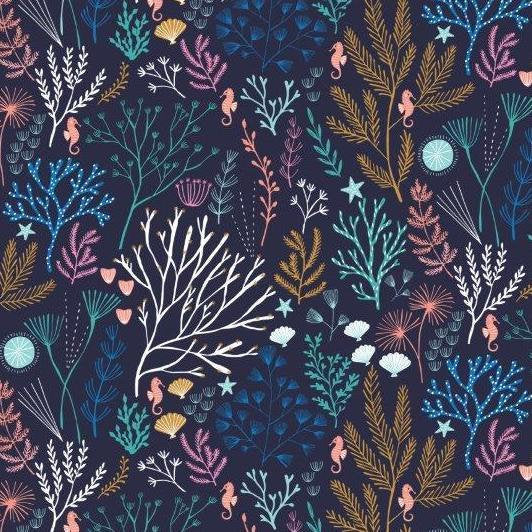 Into the Blue from Devonstone Fabrics - 1/2 Yard Coral, Seahorses, Sand Dollars on Dark Blue