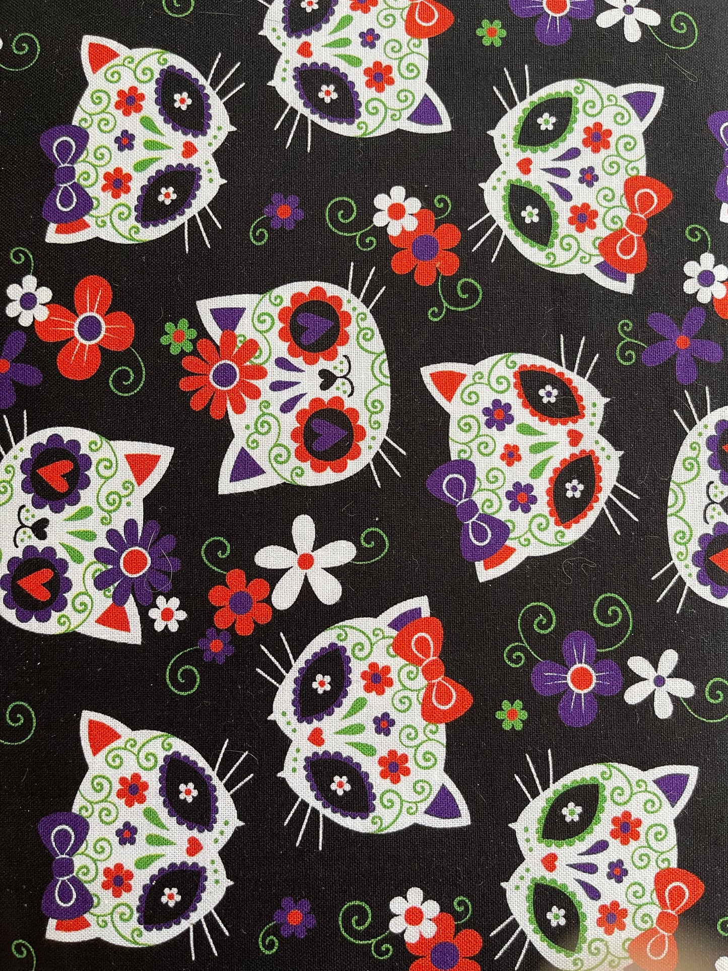 Sugar Skull Cats from Mook Fabrics - 1/2 Yard Day of the Dead Cats on Black