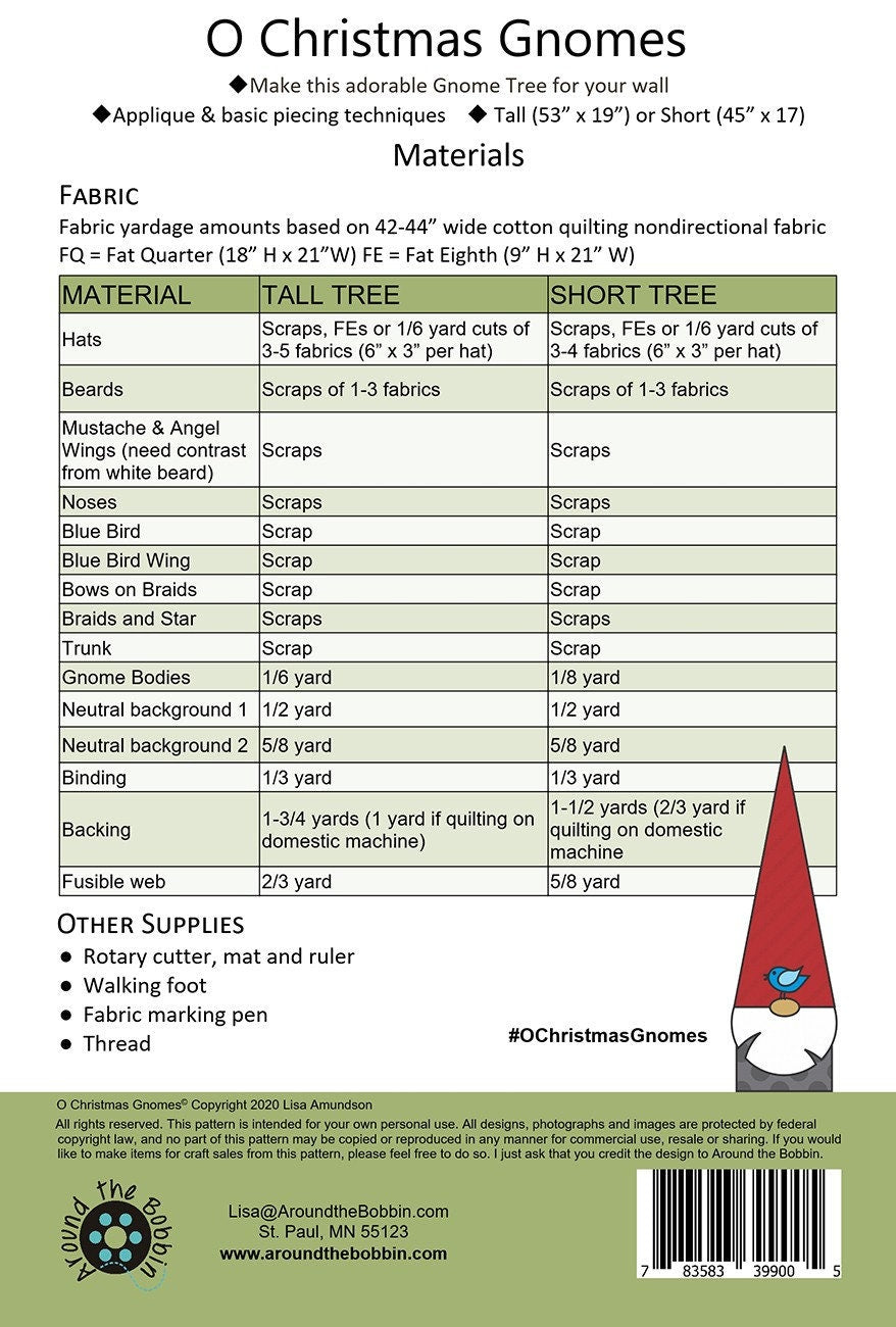 O Christmas Gnomes Pattern by Around the Bobbin - Gnome Christmas Wall Hanging Pattern in 2 Sizes
