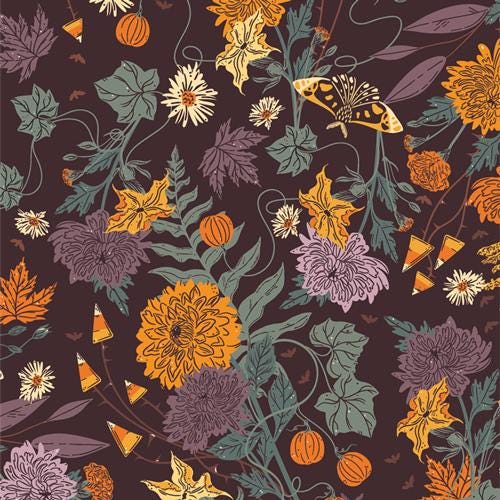 Ghostly and Haunted from Art Gallery Fabrics - 1/2 Yard Wicked Flora - Halloween Floral - Candy Corn, Moths, Pumpkins