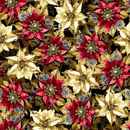 Gears & Garlands by Urban Essence Designs for Blank Quilting - 1/2 yard Christmas Steampunk Poinsettias