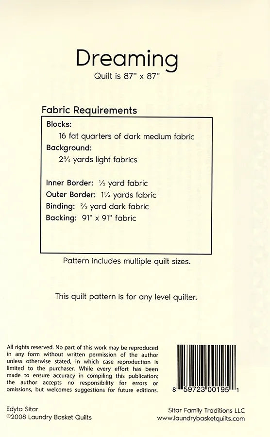 Dreaming Pattern from Laundry Basket Quilts - Quilting Pattern - 87" Square