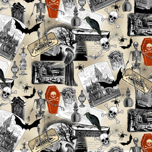 Nevermore from Timeless Treasures - 1/2 Yard Multi Halloween Spooky Collage - Bats, Skeletons, Ravens, Gravestones