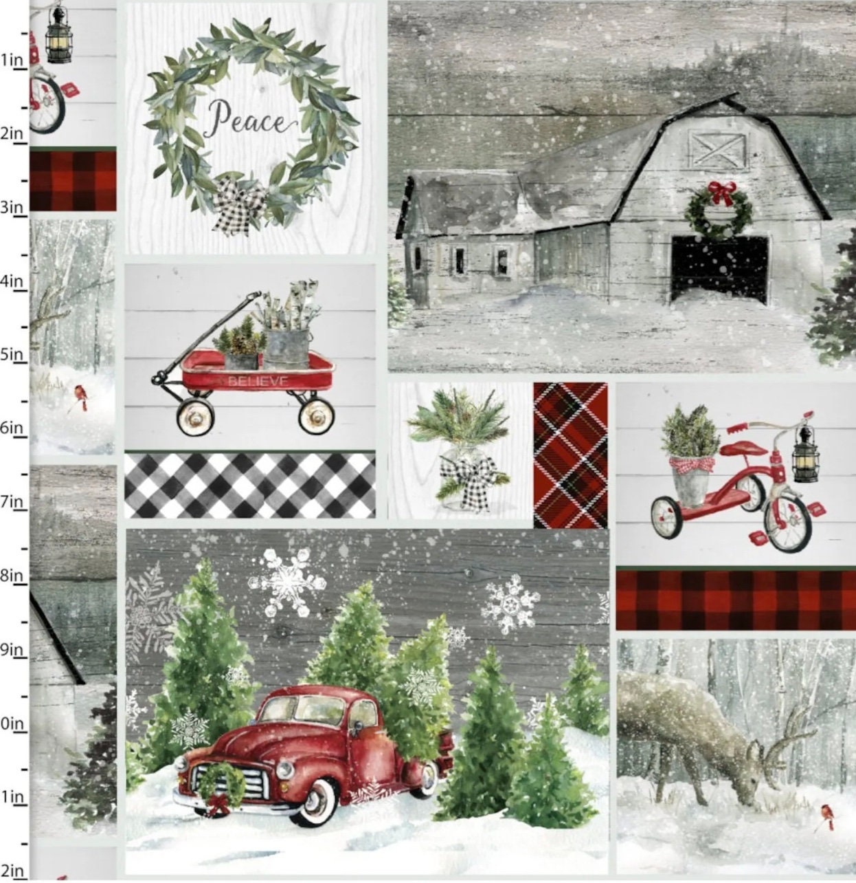 Dreaming of a Farmhouse Christmas from 3 Wishes Fabrics - 1/2 Yard Multi Farmhouse Patch - Red Trucks and Wagons, Barns, Wreaths