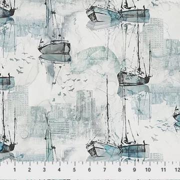 City Harbor by Deborah Edwards and Melanie Samra for Northcott Fabrics- 1/2 Watercolor Sailboats and Cityscapes