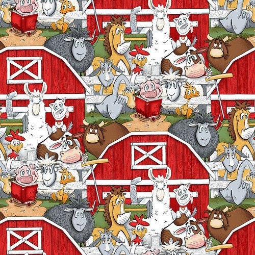 Farmyard Tails from Studio E Fabrics - 1/2 Yard Barn Scenic - Farm Animal Characatures with Barns
