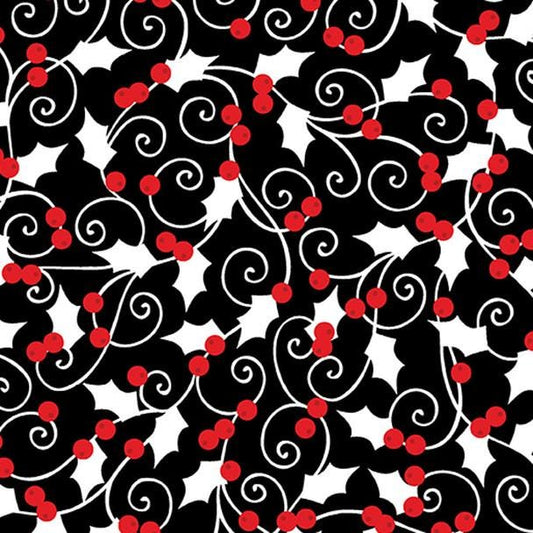 Winter Story from Kanvas Studios  - 1/2 Yard Holly on Black - Modern Holly and Berries
