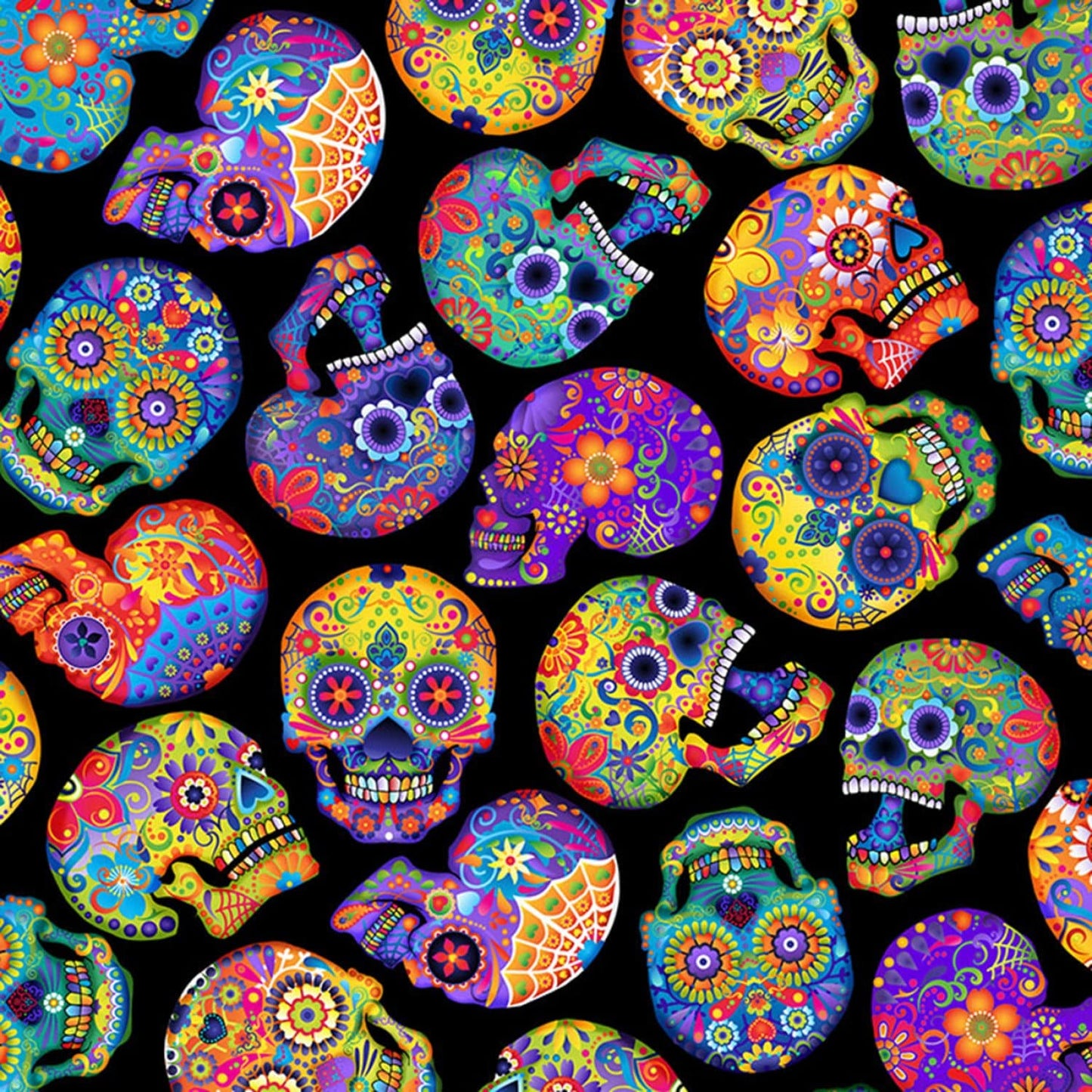 Day of the Dead from Timeless Treasures - 1/2 Yard Bright Skulls on Black