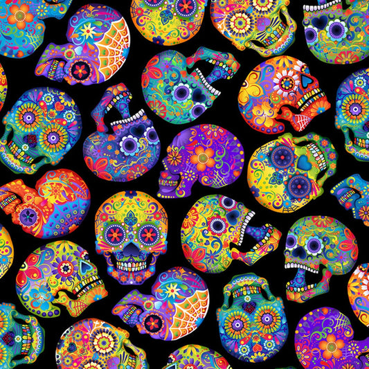Day of the Dead from Timeless Treasures - 1/2 Yard Bright Skulls on Black