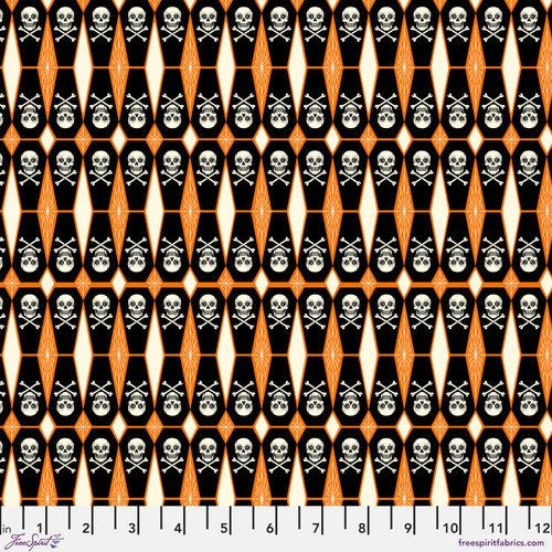 Storybook Halloween from Free Spirit Fabrics - 1/2 Yard Tombstones Black - Skull Crossbones on Caskets, Spider Webs