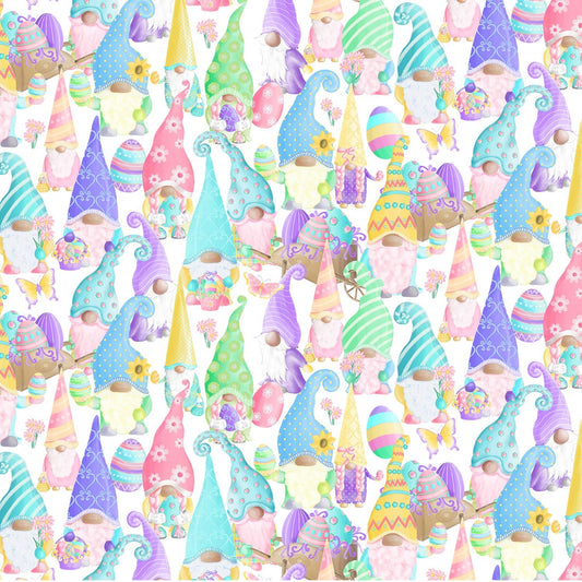 White Spring Gnomes from Spring Garden Gnomes for Kanvas Studios - 1/2 Yard Pastel Easter Gnomes on White