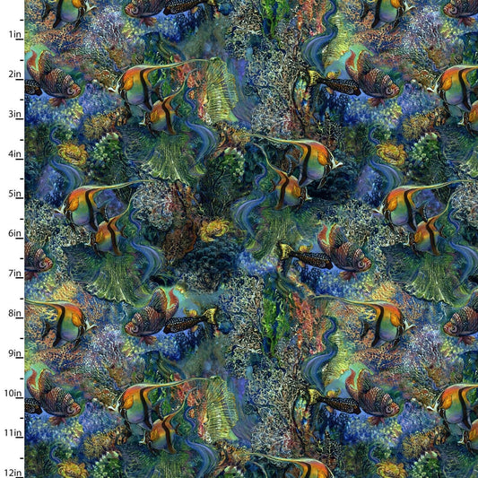 Call of the Sea from 3 Wishes Fabrics - 1/2 Yard Multi Fish Dark Ocean