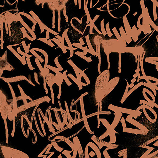 Verdigris from Andover Fabrics - 1/2 Yard Parkdale in Copper - Graffiti Black on Orange