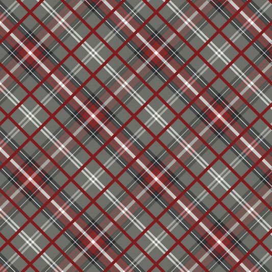 END OF BOLT Gnomes Home Tree Farm from P&B Textiles - 23" End Piece - Grey Red Christmas Plaid