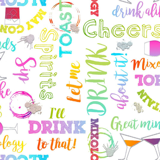 Mixology from 3 Wishes Fabrics - 1/2 Yard of Alcohol Words and Drinks on White