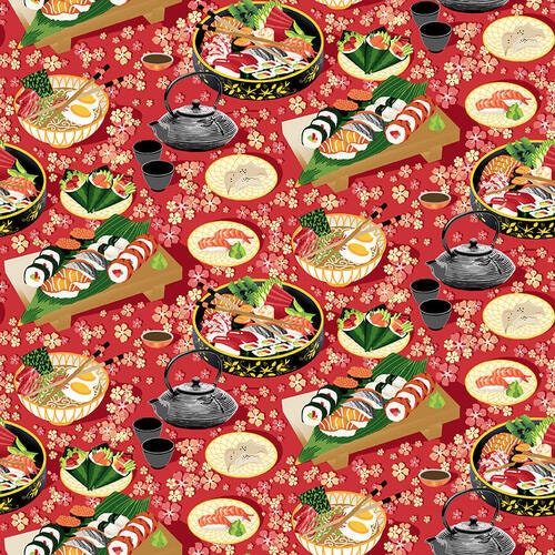 Soho Sushi from Blank Quilting - 1/2 Yard Sushi and Bento Box with Tea Pots on Red