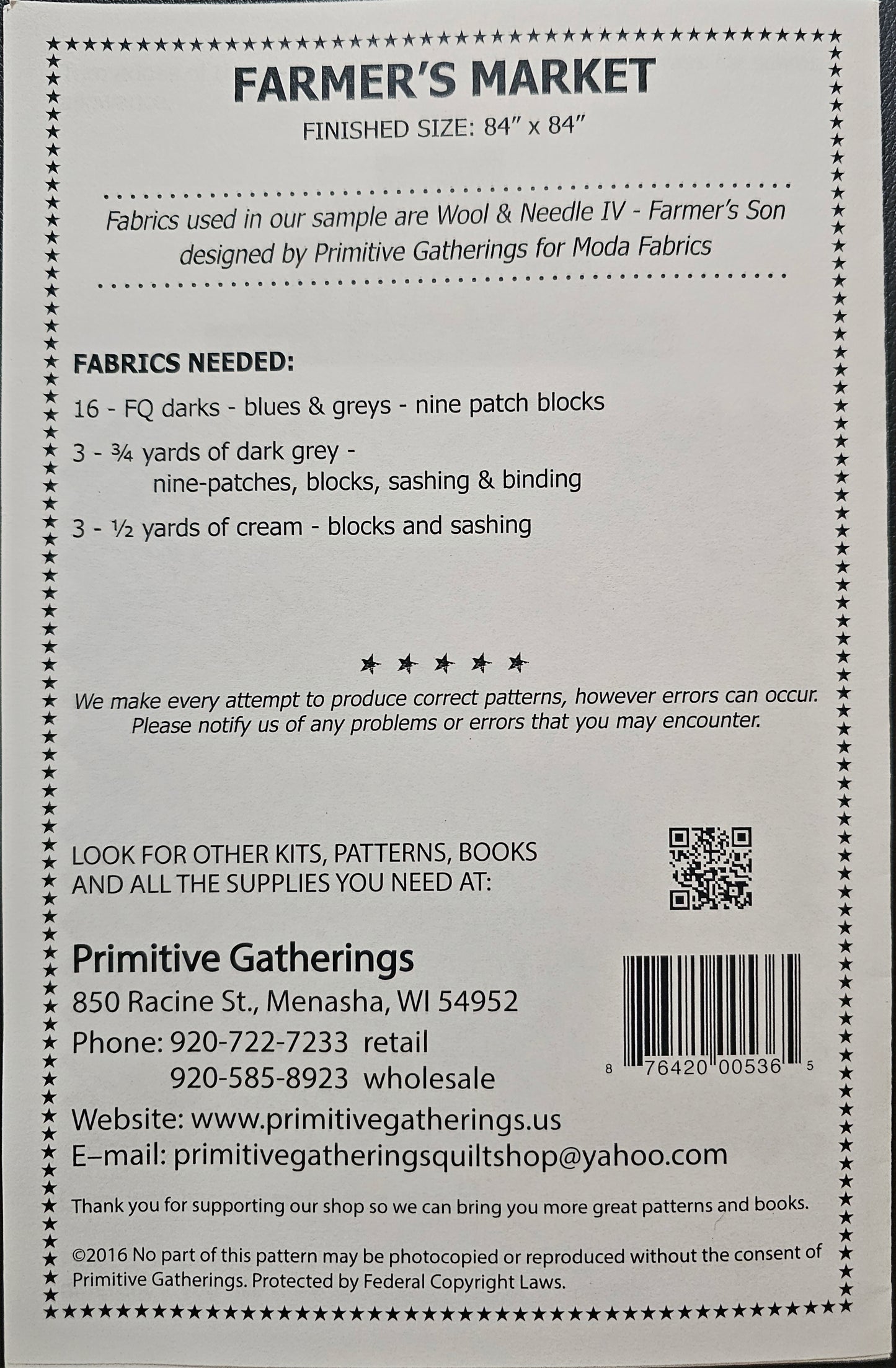 Famer's Market Pattern from Primitive Gatherings  - Quilting Pattern - 84" Square
