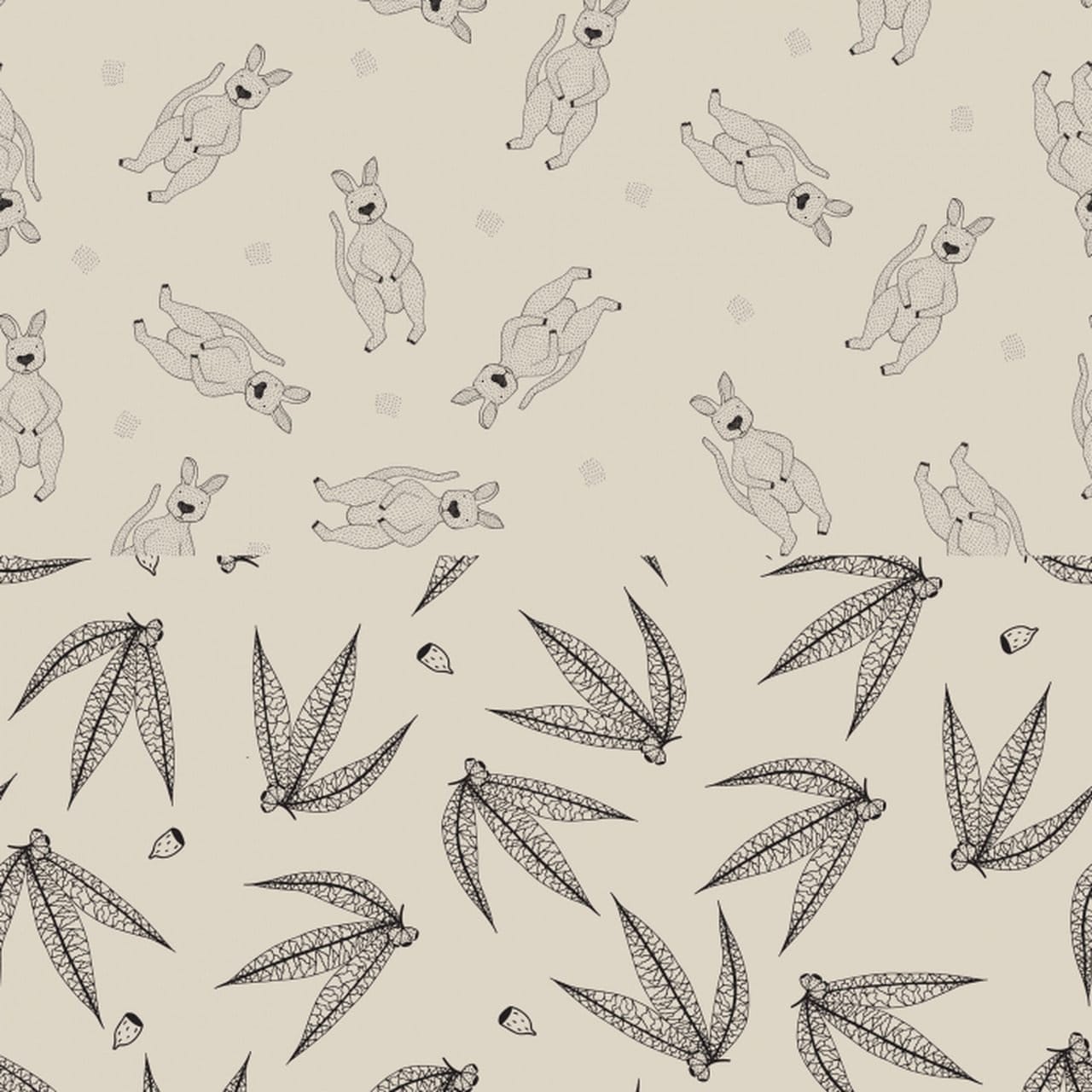 Joey Jelly Bean from Devonstone - 1/2 Yard Kangaroos and Australian Ferns Black and Cream