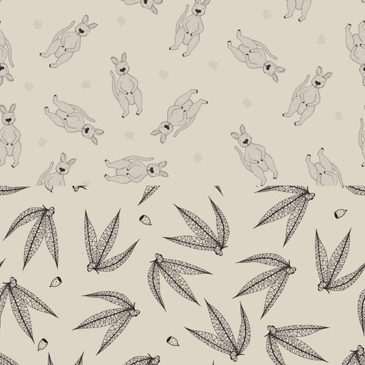 Joey Jelly Bean from Devonstone - 1/2 Yard Kangaroos and Australian Ferns Black and Cream