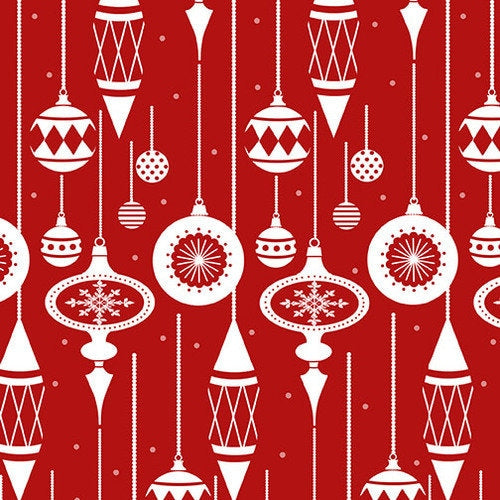 Holiday Lane from Henry Glass Fabrics - 1/2 Yard of Hanging Ornaments on Red