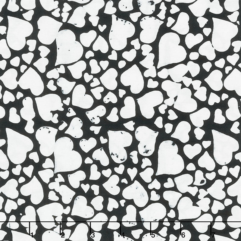 Heart to Heart from Island Batik - 1/2 Yard Tossed White Batik Hearts on Black