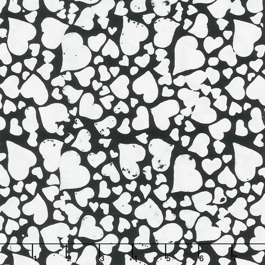 Heart to Heart from Island Batik - 1/2 Yard Tossed White Batik Hearts on Black