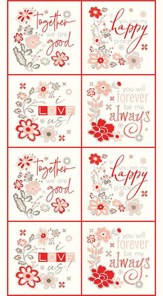 I Love Us from Riley Blake Fabrics - 25" x 44" Valentine Panel - Red Pink Flowers on Cream