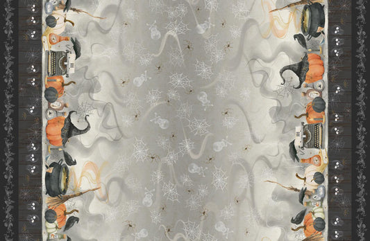 Hocus Pocus from P & B Textiles - 1 Yard Halloween Spooky Scene Double Border - Ravens, Apothecary, Spiders, Webs, Broomstick, Pumpkins