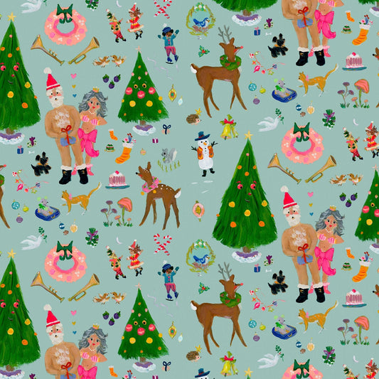 Mistletoe Mischief from Dear Stella - 1/2 Yard Christmas Santa and Mrs. Claus, Reindeer, Trees