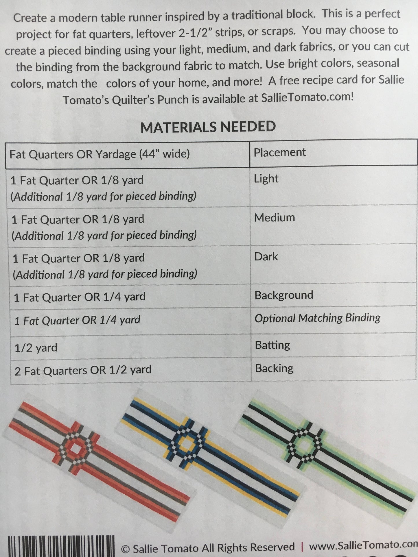 Pattern Quilter's Punch Modern Table Runner 9" x 37" from Sallie Tomato