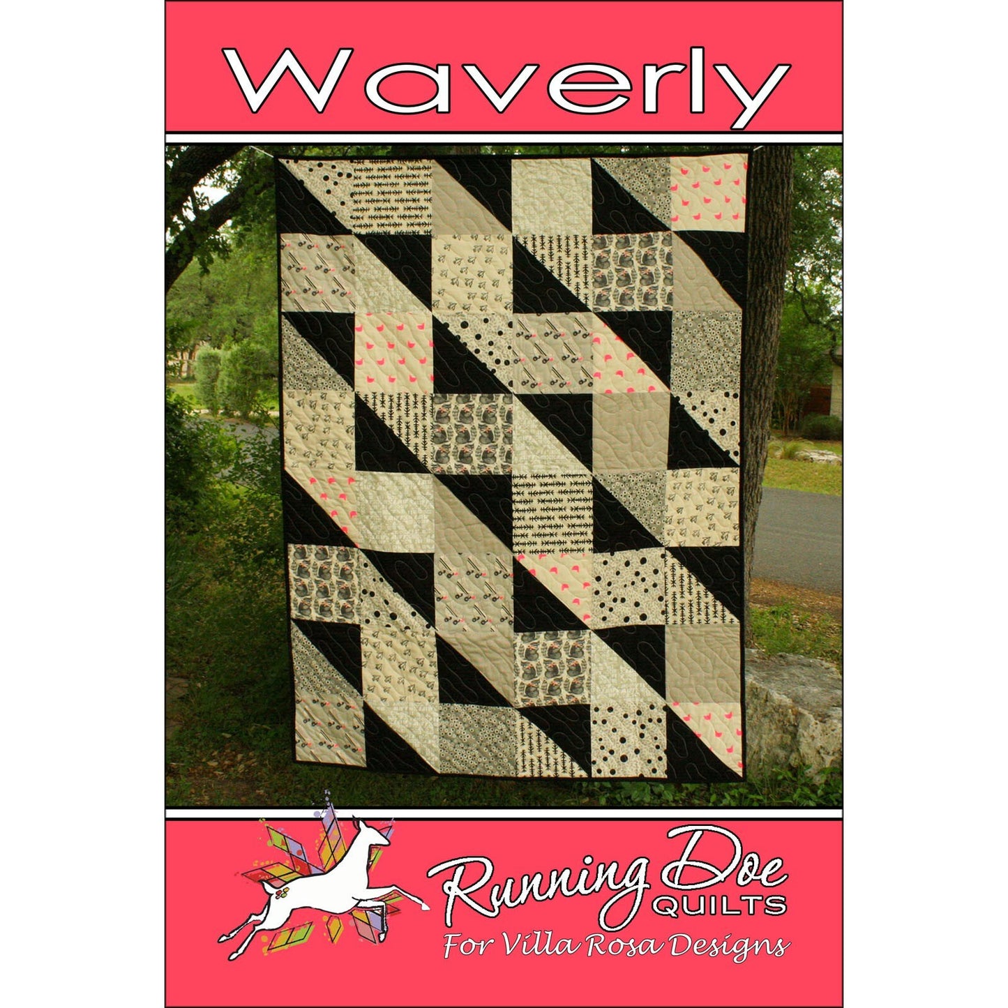 Waverly Pattern for Bed or Lap Quilt from Running Doe Quilts - 48" x 64" - Uses 9 fat quarters and 7/8 yd contrast fabric - Postcard Size