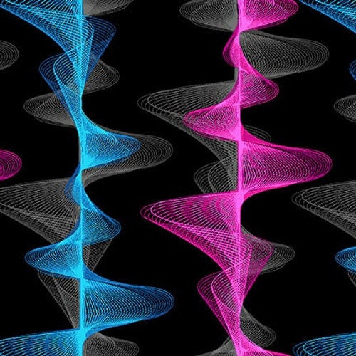 Disco Tech from Studio E Fabrics - 1/2 Yard Voice Waves - Pink Blue Modern on Black
