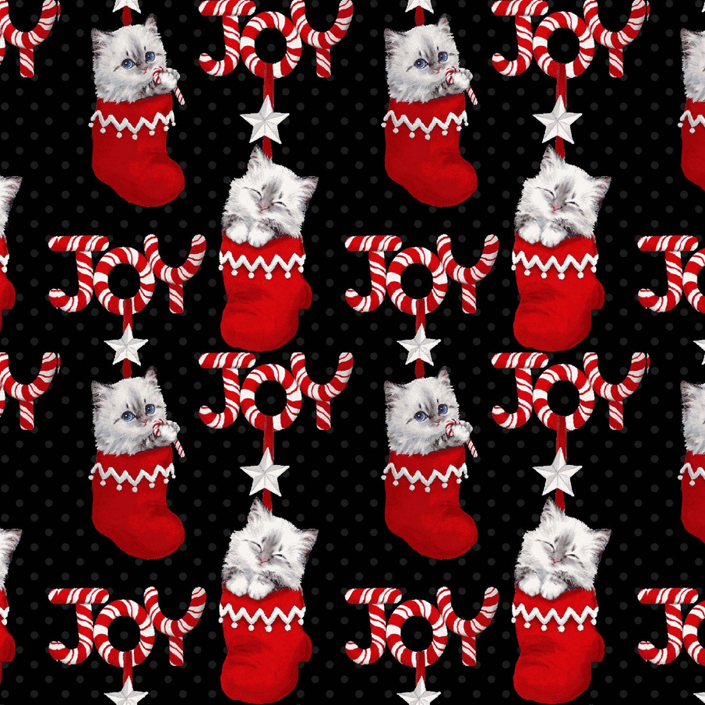 Furry and Bright from Studio E - 1/2 Yard Kittens in Stockings on Black - Christmas Kittens