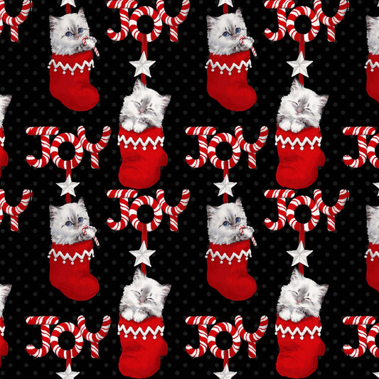 Furry and Bright from Studio E - 1/2 Yard Kittens in Stockings on Black - Christmas Kittens