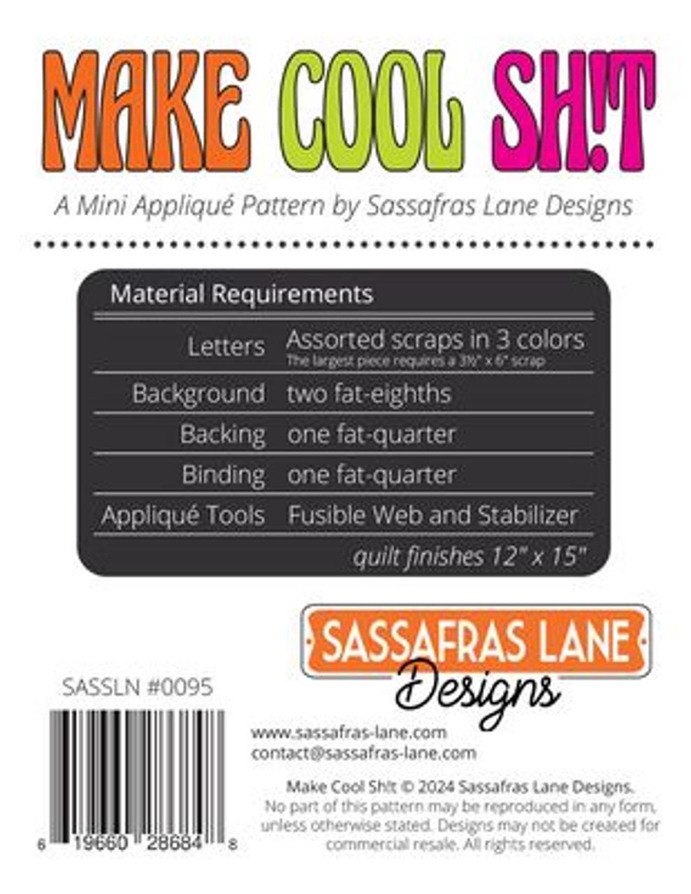 Make Cool Shit Quilt Pattern from Sassafras Lane - 12" x 15"  Mini Appliqué Pattern