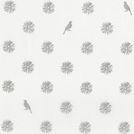 25% Off - Shiny Objects Precious Metals from RJR fabrics - Half Yard Silver Metallic Modern Flower and Birds on White