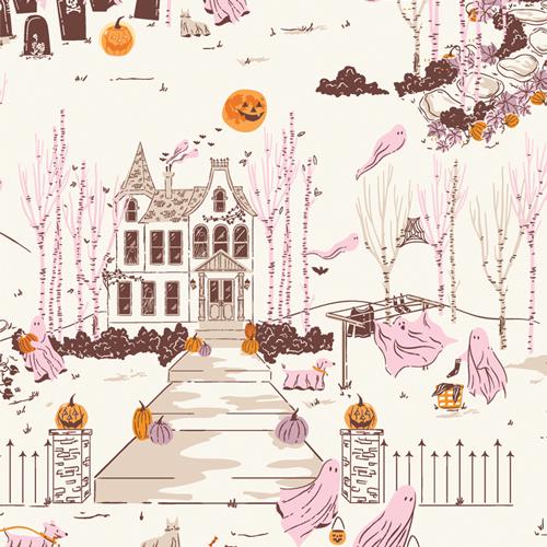 Ghostly and Haunted from Art Gallery Fabrics - 1/2 Yard Ghost Town - Halloween Houses, Ghosts, Tombstones, Trees on Cream