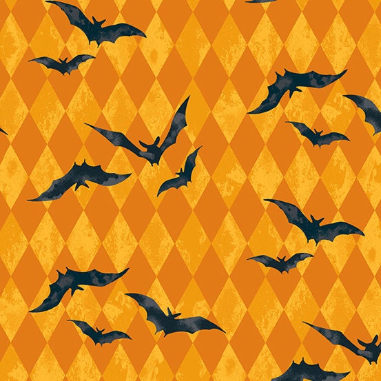 Midnight Haunt from Andover Fabrics - 1/2 Yard of Black Bats on Orange Harlequin Checker